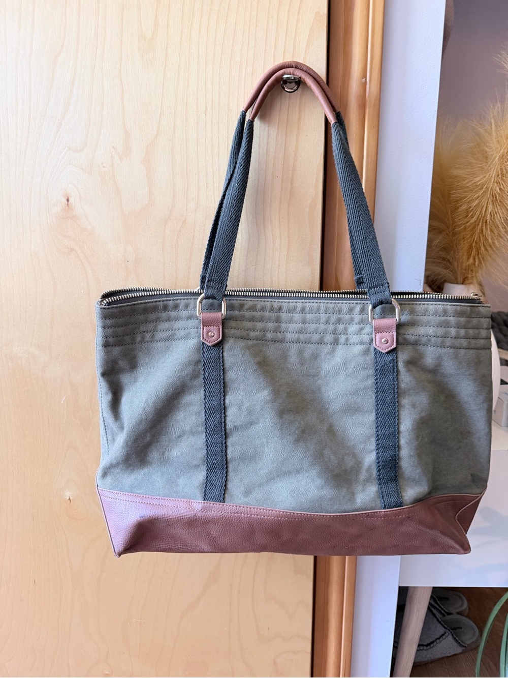 Abercrombie & Fitch Olive Canvas Tote with Brown Trim and Black Straps